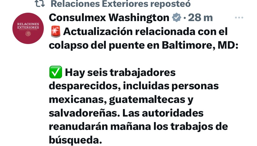 Confirman mexicanos entre las víctimas del derrumbe del puente en&nbsp;Baltimore.