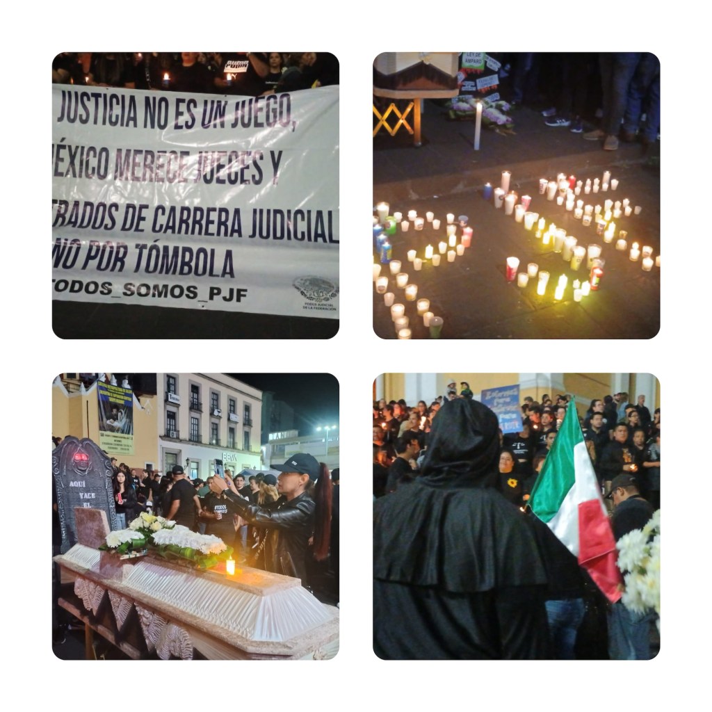 Vigilia y marcha por la reforma al Poder Judicial Federal realizaron trabajadores del PJF todos de negro y con una veladora recorrieron el centro de&nbsp;Xalapa.