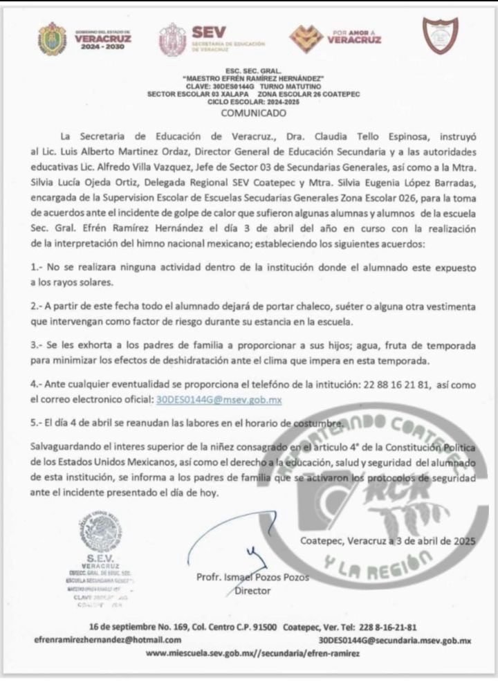 Toma medidas la SEV para eventos al aire libre, tras desmayos de estudiantes en escuela de&nbsp;Coatepec.