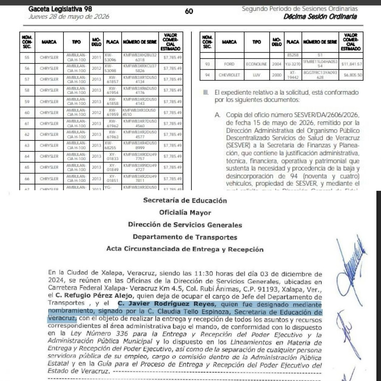 Empleado de SEV firmó baja de 94 vehículos de SESVER; ambulancias se valuaron hasta en 3 mil pesos